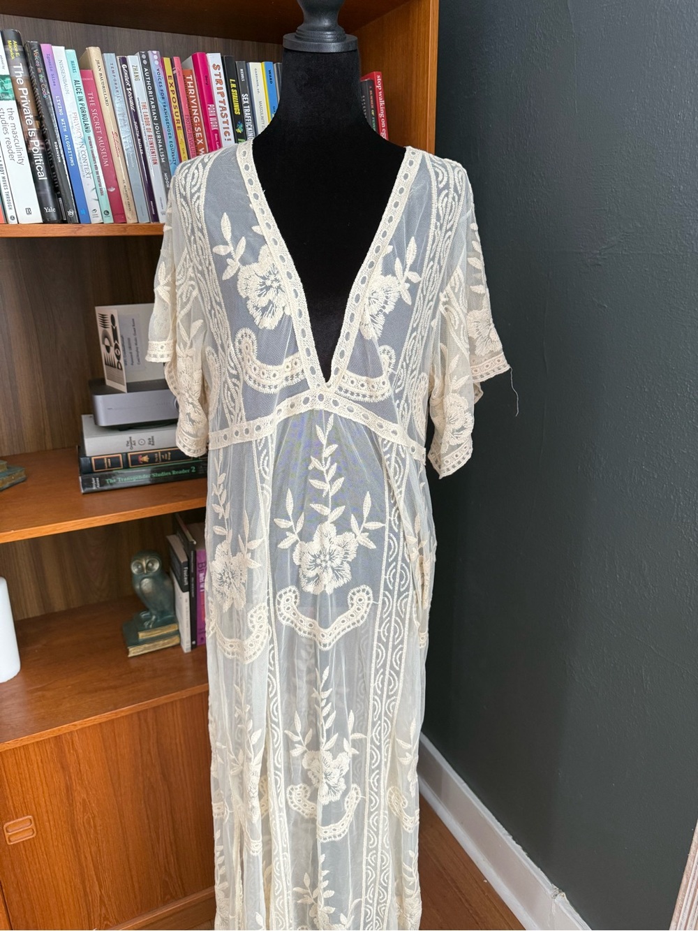 Umgee Cream Sheer Embroidered V-Neck Maxi Robe